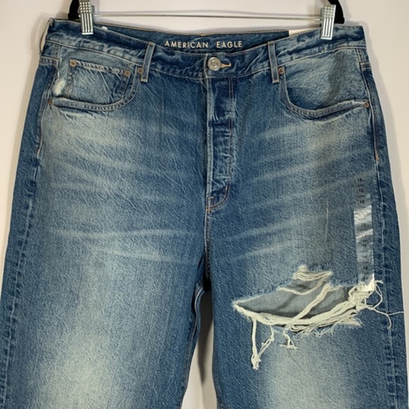 American Eagle Blue Distressed 90’s Boyfriend Jeans Long High Rise NWT - Picture 2 of 13
